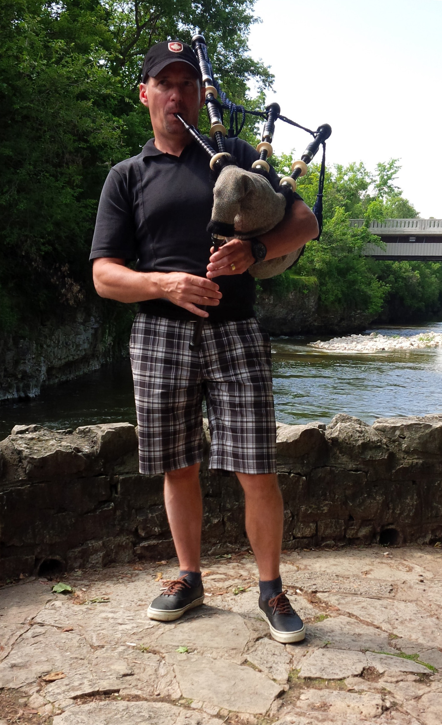 Dave Piping at Templin Gardens, Fergus, July 2014 - corrected aspect