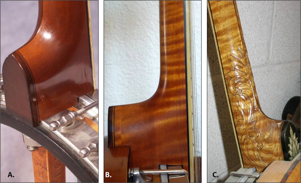 Three ‘grades’ of wood/necks in Vega tenor banjos. A. Select (plain) maple Style M, regular finger board. B. Select curly maple in Style M extended fingerboard. C. Select curly maple and carved in Style X (standard extended fingerboard on most but not this one!). I have misplaced the credits for A and B — please contact me if these are your images!