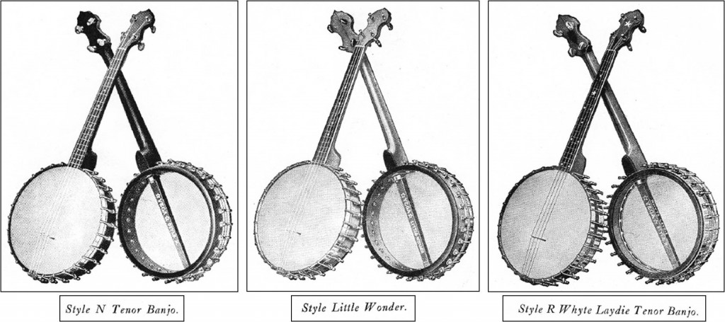 The three baseline tenor banjos in the Vega Line: Style N, Style Little Wonder, and the fantastic Style R, Whyte Laydie.